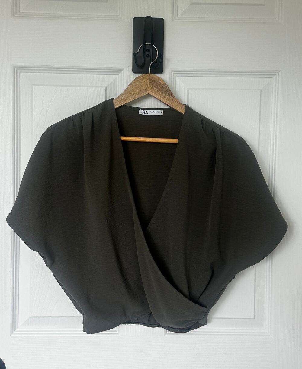 Zara Olive Green Draped Wrap Front Blouse M Dolman Sleeve Made Morocco